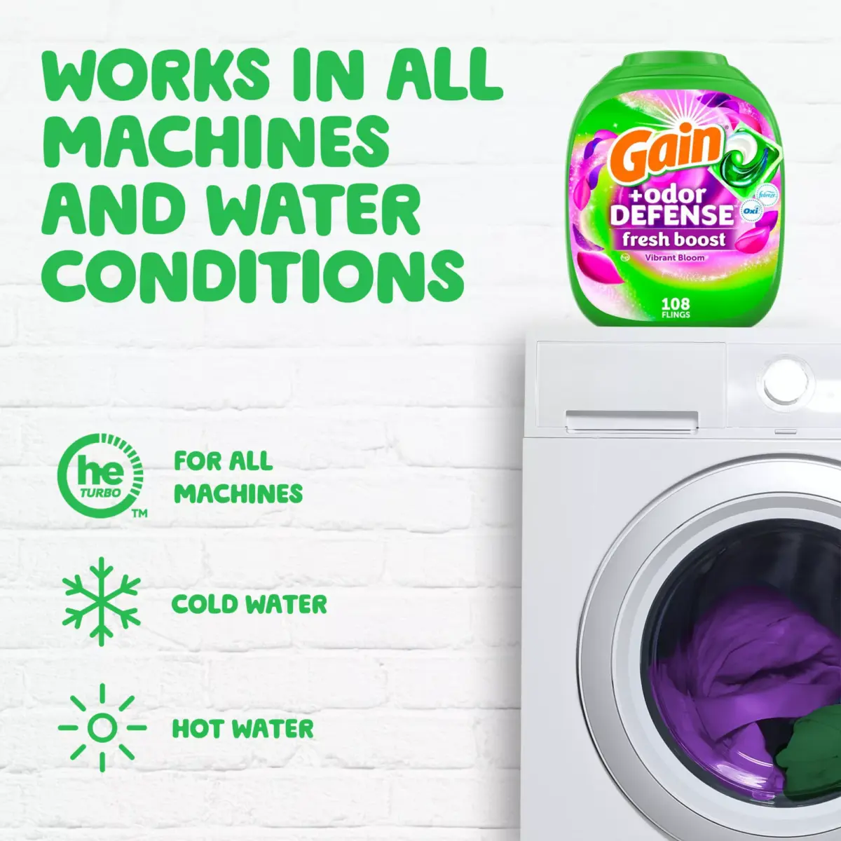 Gain Flings Laundry Detergent Pacs + Oxi and Odor Defense Fresh Boost - Vibrant Bloom, 108 ct. - Image 8