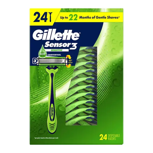 Gillette Sensor3 Sensitive Men's Disposable Razor, 3-Bladed Razor Blades, 24 ct.