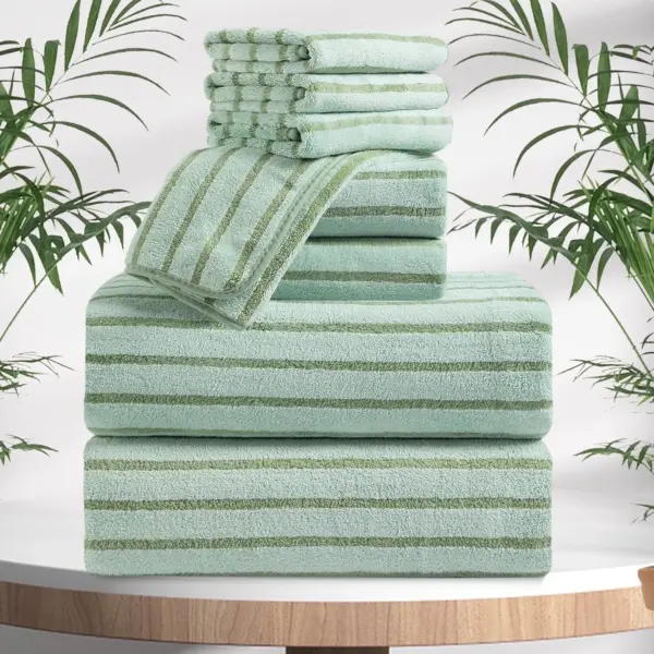 Jessy Home 8 Pcs Light Green Bicolor Bar Stripe Large Bath Towels Set 2 Oversized Bathroom Towels, 2 Hand Towels, 4 Washcloths