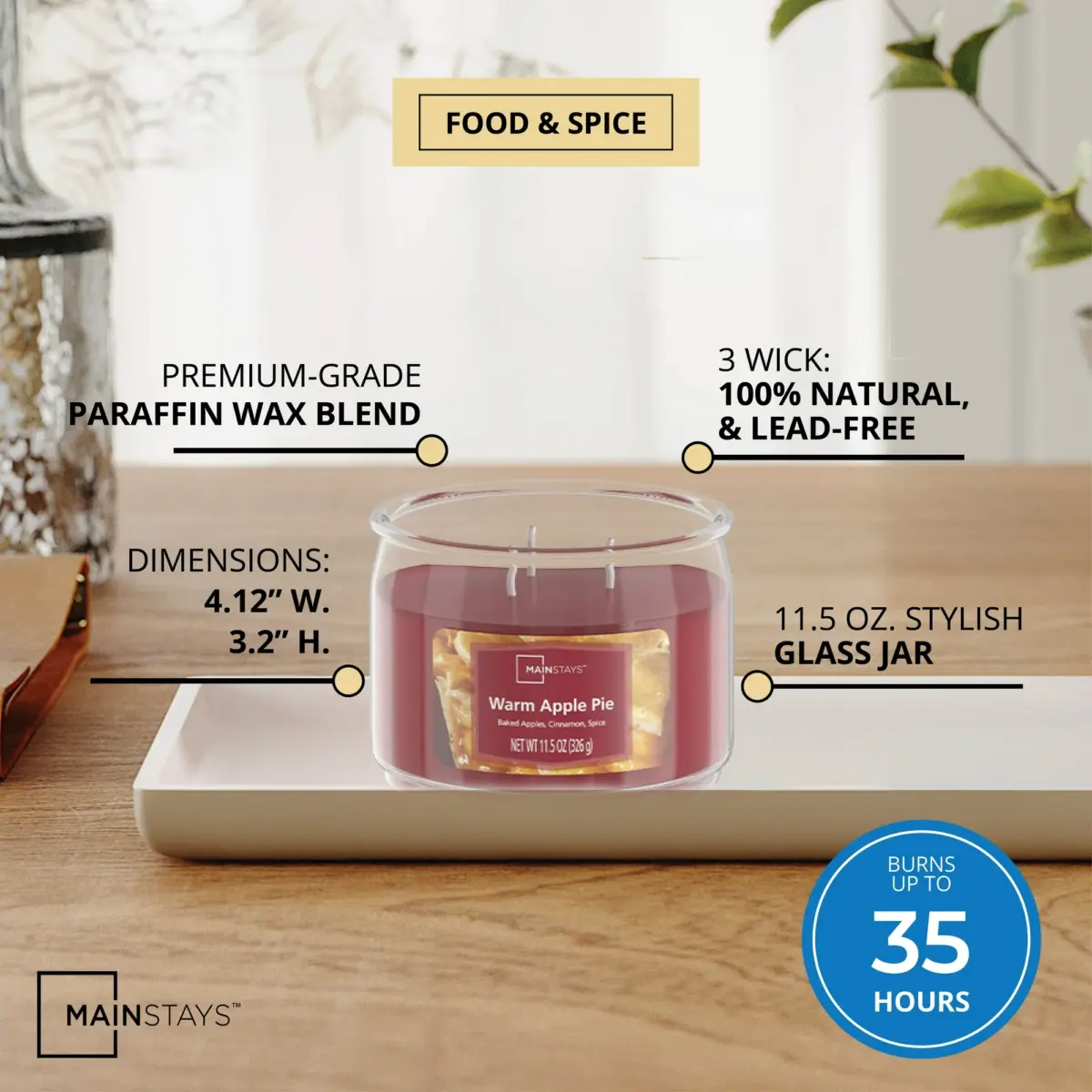 Mainstays 11.5 Ounce Warm Apple Pie 3-Wick Glass Jar Candle - Image 3