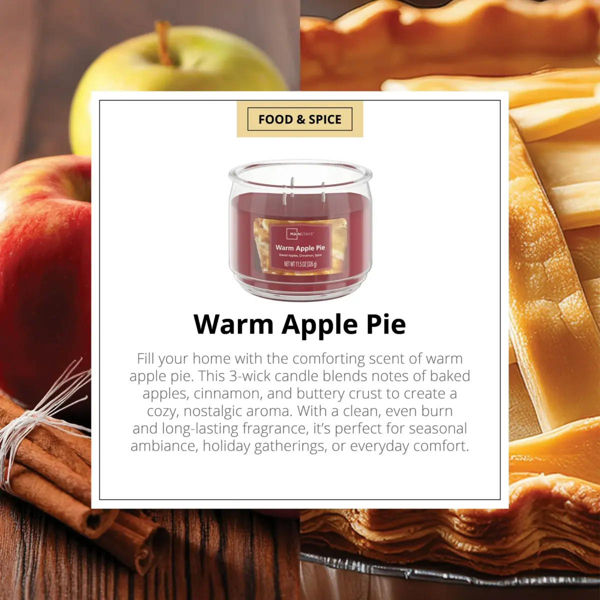 Mainstays 11.5 Ounce Warm Apple Pie 3-Wick Glass Jar Candle - Image 2