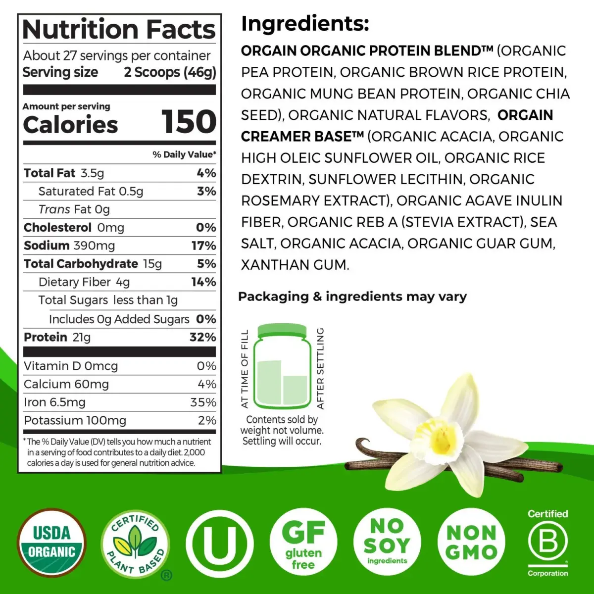 Orgain Organic 21g Plant-Based Protein Powder, Vanilla Bean 2.74 lbs. - Image 2