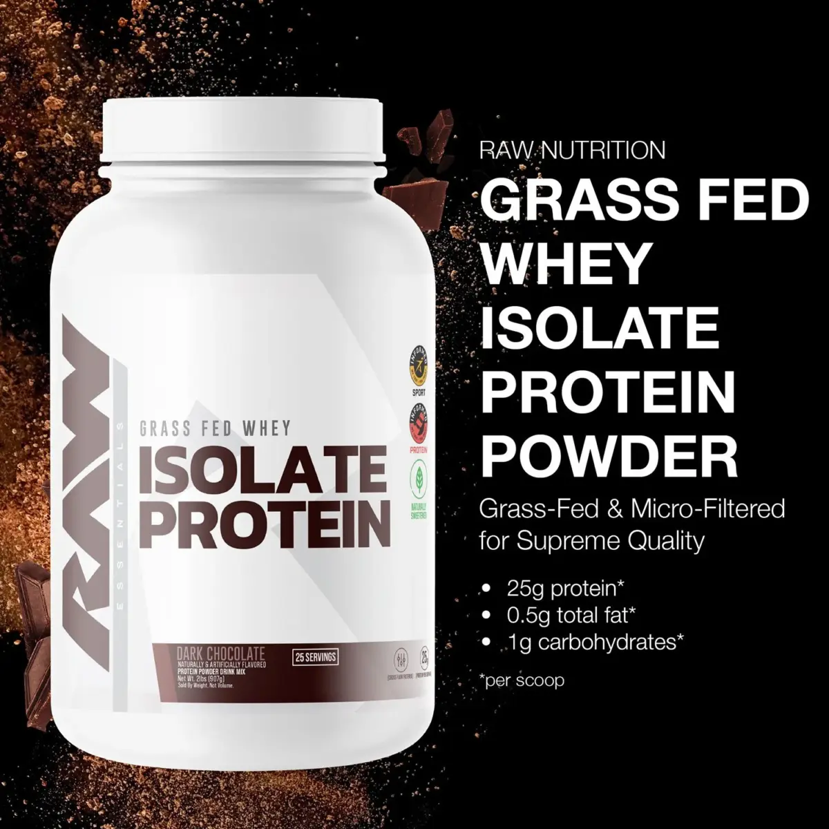 RAW 25g Grass Fed Whey Isolate Protein Powder, Dark Chocolate, 1.97 lbs. - Image 5