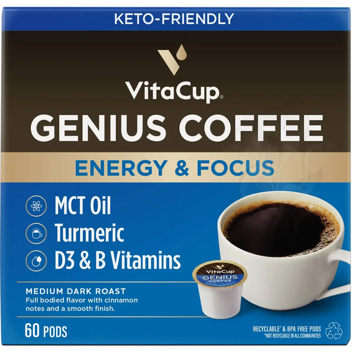 VitaCup Medium-Dark Roast Single Serve Coffee Pods, Genius Blend 60 ct. - Image 1