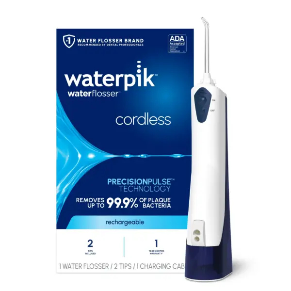 Waterpik Cordless Portable Water Flosser with 2 Tips, ADA Accepted, White and Blue